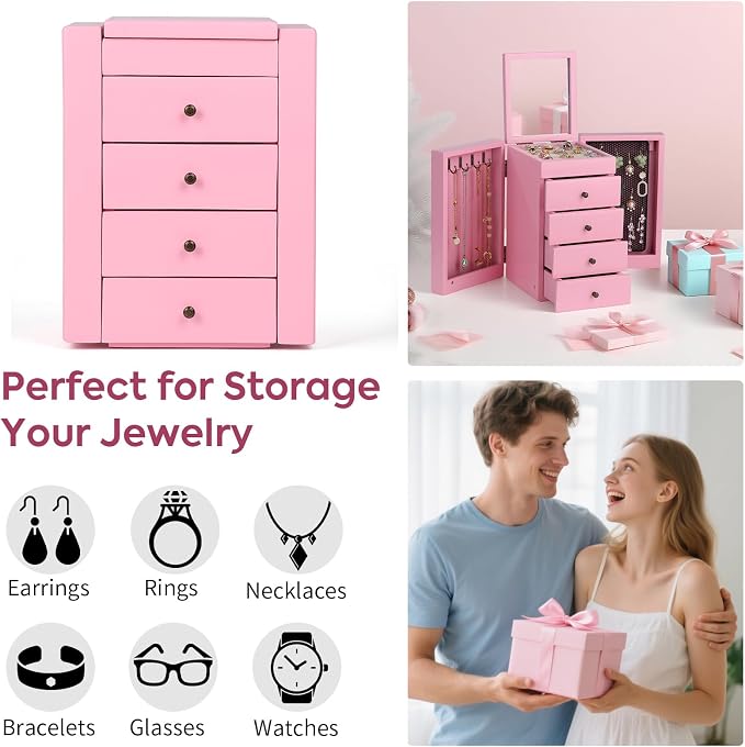Meangood Jewelry Box Wood for Wowen, 5-Layer Large Organizer Box with Mirror & 4 Drawers for Rings, Earrings, Necklaces, Pink - Image 7