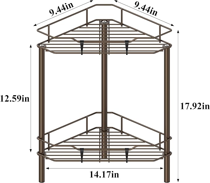HuggieGems 2 Tier Floor Standing Corner Shower Caddy Organizer Shelf with Hooks, Bathroom Shelves Stand Rack, Bronze - Image 7