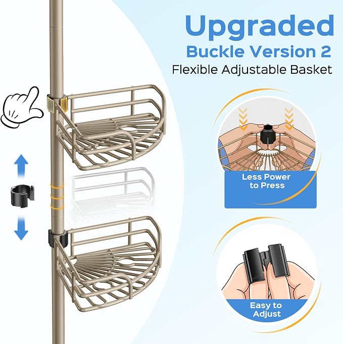 HAMITOR Shower Caddy Corner Tension Pole: 4-Tier Large Capacity Bathroom Organizer Shelves - Rustproof No-Drill Adjustable 47-123 inch Shower Storage for Renters, Home Bathtub Stand Rack, Tan Khaki - Image 6