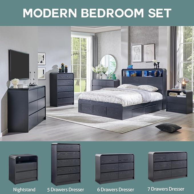 Aitjunz Modern 5 Drawers Dresser for Bedroom, 45" Tall Dressers & Chests of Drawers w/Curved Profile Design, Wood Mid Century Vertical Dresser w/Natural Texture for Bedroom, Living Room, Black