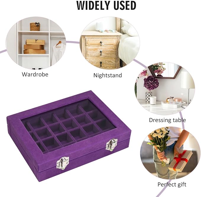 Vicoter Velvet Jewelry Box 24 Grid Jewelry Ring Display Organiser Box Tray Holder Earrings Storage Case for Girls Wife Mom Women (Purple) - Image 6