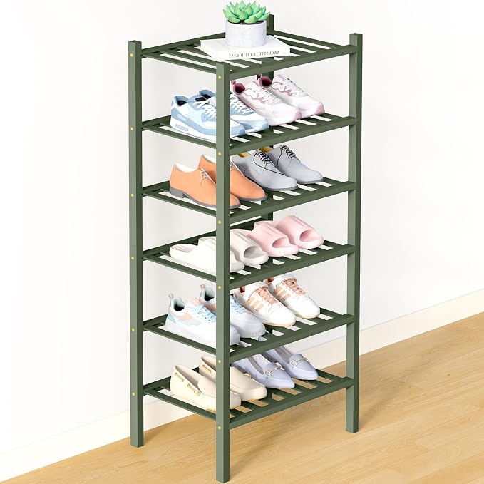 Smiry Bamboo Shoe Rack for Closet, 6 Tier Small Wooden Stackable Shoe Organizer, Free Standing Shoes Storage Shelf for Entryway, Front Door Entrance, Green by Smiry