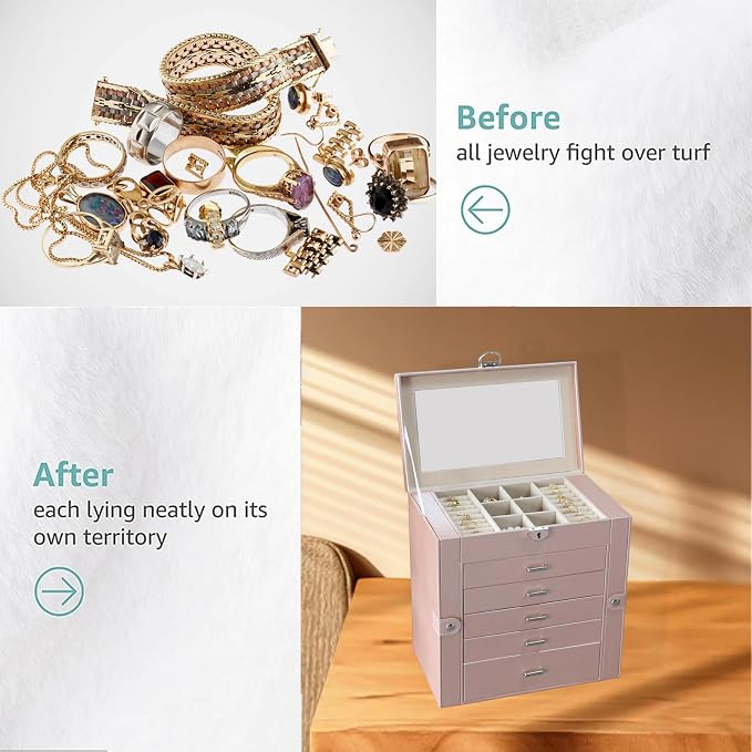 BOOVO Jewelry Box For women, 6 Layer Large Jewelry Organizer With Mirror, Multi-Function Storage Box With Lock, Accessory Holder With 5 Drawers, For Earrings Necklace Ring Bracelet (Rose Gold) - Image 7