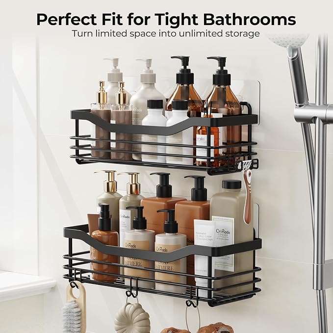 Orimade Shower Caddy Basket Shelf Storage Rack, No Drilling Wall Mounted Adhesive Rust Resistant Stainless Steel Shower Organizer with 5 Hooks for Bathroom, Black 2 Pack - Image 9