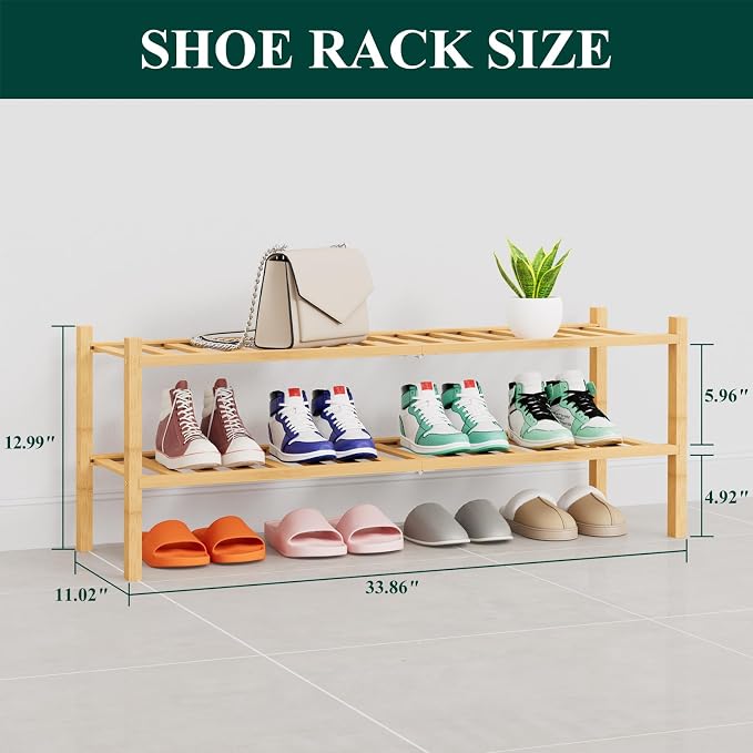 Smiry Shoe Rack, 2 Tier Thick Long Bamboo Shoe Organizer, Stackable Free Standing Wooden Shoe Storage Shelf for Closet, Entryway, Front Door Entrance, Natural - Image 2