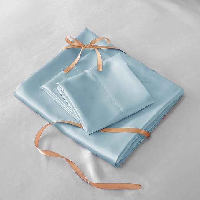 BEDELITE Satin Sheets Queen Size Bed Set, Luxury Soft Light Blue Silky Sheets for Hair and Skin, Similar to Silk Bed Sheets Set 4 Pieces (1 Deep Pocket Fitted Sheet, 1 Flat Sheet, and 2 Pillowcases)