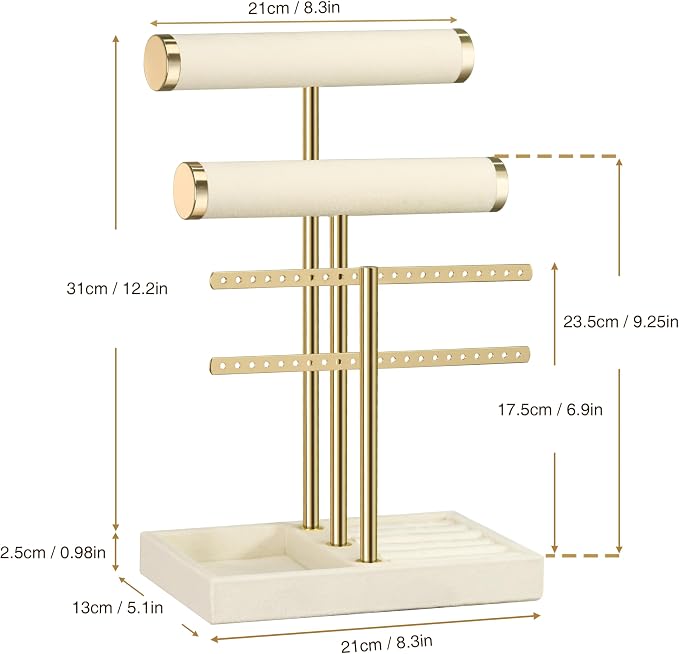 bussdis 3 Tier Bracelet Holder Display - Detachable T Bar Beige Velvet Bracelet Holder, Jewelry Holder Organizer for Bracelet, Necklace, Earrings, Rings - Image 7