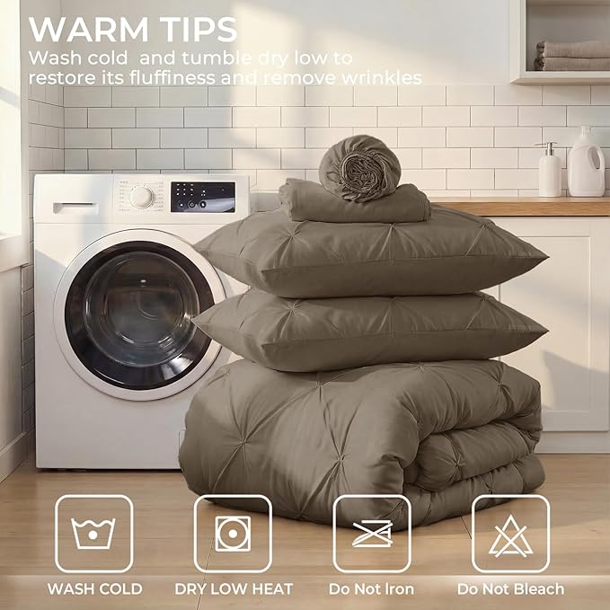 Sasttie Twin Comforter Set, 5-Piece Bed in a Bag, Pintuck Bedding Sets for All Season, Includes Comforter, Flat Sheet, Fitted Sheet, Pillowcase and Pillowsham, Brown