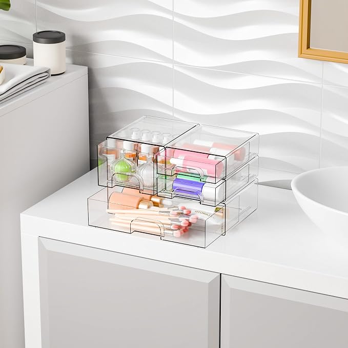 Yieach 4 Pack Clear Stackable Storage Drawers,Pull-Out Medicine Cabinet Organizer and Containers,Large Acrylic Organizers Drawers and Bathroom Closet Organizers for Hair Accessories,Makeup Organizer - Image 9