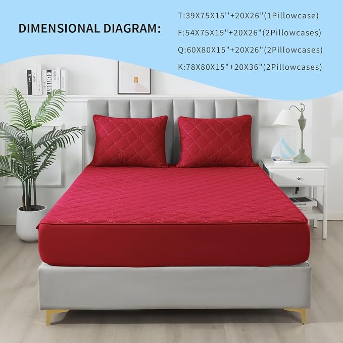 Waterproof Mattress Protector - Queen Size Mattress Pad Silent & Fitted Sheet Style | Full Bed Protection for Kids, Pets, Adults | Hypoallergenic, Machine Washable (Red, Queen)