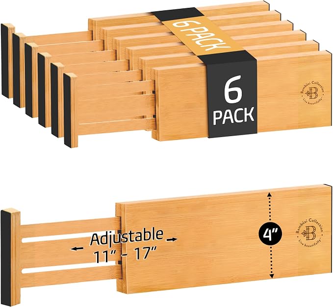 6-Pack Drawer Dividers - 4 Inches High, Adjustable 11 to 17 Inches Bamboo Drawer Organizers, Large Deep Expandable Separators for Clothes, Dresser, Bedroom, Bathroom, Baby, Office, Kitchen Utensils - Image 9