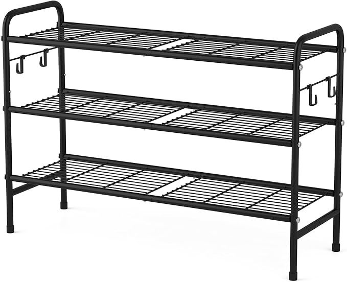VILICK 3 Tier Shoe Rack 33" Wide Metal Shoe Organizer Long Shoe Storage with 4 Side Hooks Sturdy Shoes Shelf for Front Door Entrance, Closet, Garage, Dorm, Black - Image 8