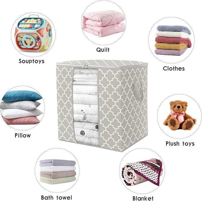 WISELIFE Storage Bags 6 Pack/100L Large Blanket Clothes Organization and Storage Containers for Comforters,Bedding, Foldable Organizer with Reinforced Handle, Clear Window, Sturdy Zippers,Lvory