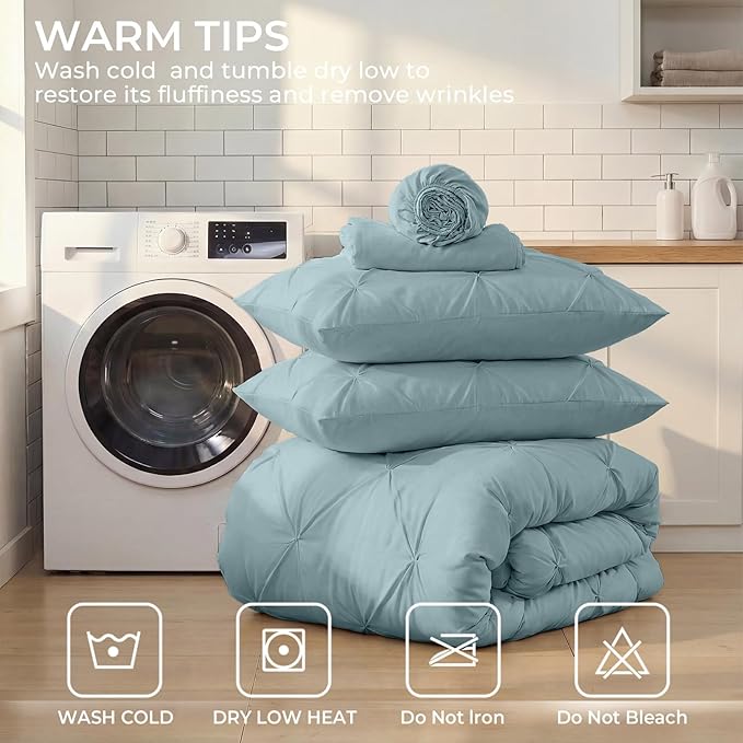 Sasttie Twin Comforter Set, 5-Piece Bed in a Bag, Pintuck Bedding Sets for All Season, Includes Comforter, Flat Sheet, Fitted Sheet, Pillowcase and Pillowsham, Greylish Blue