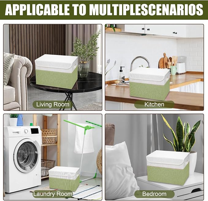 Bagnizer Large 22 Quart Linen Fabric Foldable Storage Bin Cube Organizer Basket with Flip-Top Lid & Handles, Clothes Blanket Box for Home, Office, Closet, Green & White, 4 Pack 14.6 x 9.5 x 9.5 - Image 7