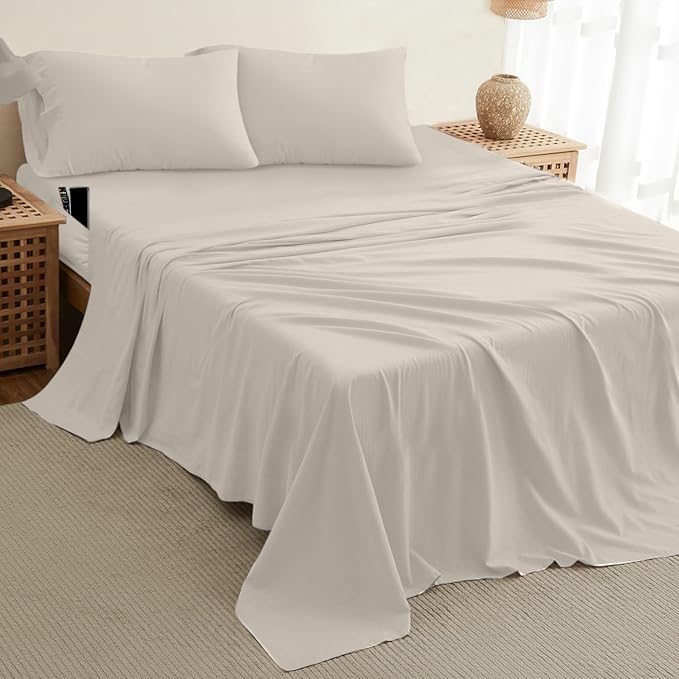 DREAMCARE Twin XL Sheet Sets - 4 pcs Breathable Cooling Bed Sheets - up to 15" Deep Pocket Twin XL Sheets Set with Side Pockets - Extra Soft 100% Brushed Hypoallergenic Hotel Luxury Bedding - Ivory