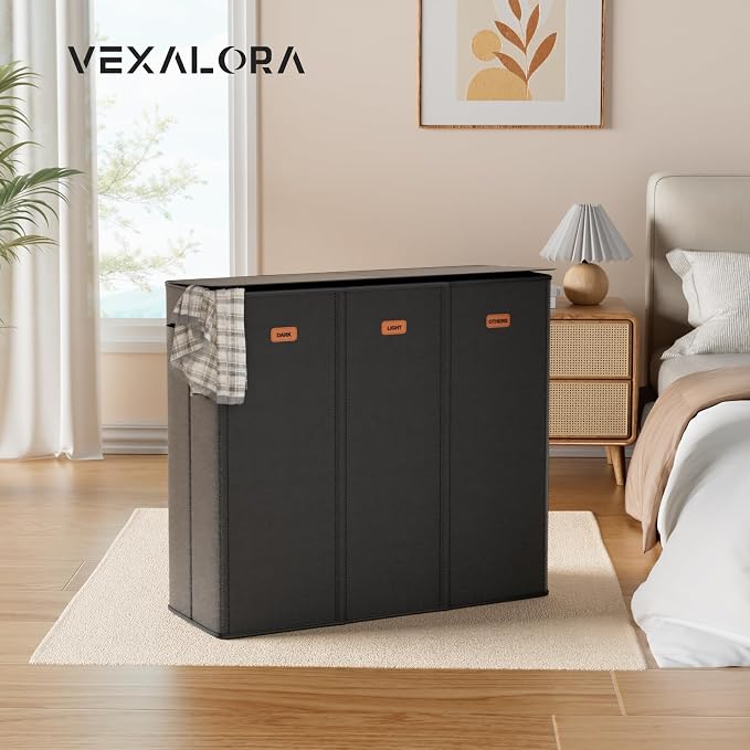 185L Laundry Hamper 3 Section, Laundry Hamper with Lid, Dirty Clothes Hamper with 3 Removable Washing Bags, Extra Large Laundry Basket Organizer for Bedroom, Laundry Room, Dorm - Black - Image 8