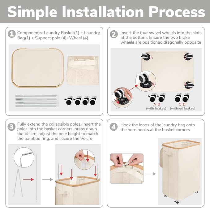 Goodpick Laundry Basket with Wheels, Large Laundry Hamper with Lid 100L Clothes Hamper with Removable Laundry Bag Collapsible Dirty Clothes Basket for Laundry Room, Bedroom, Beige - Image 6