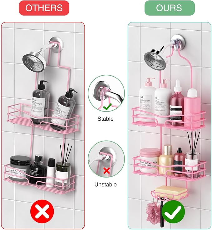 DAOYA Pink 3-Tier Over Head Shower Caddy with Soap Holder & 6 Hooks - Hanging Shower Caddy for Bathroom Organizer - Image 6