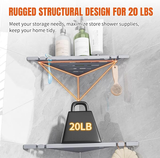Shower Corner Shelf Organizer Rack with Hooks & Razor Hole, No Drilling Tile Shower Shelves, Rustproof Stainless Steel Bathroom Shelves Basket, Modern Corner Shelf for Bathroom, 2Pack-Silver - Image 7