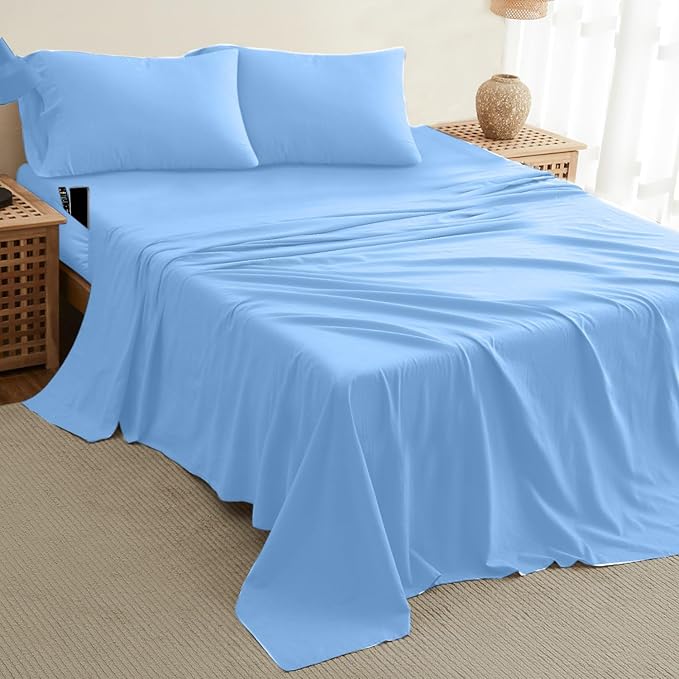 DREAMCARE Twin XL Sheet Sets - 4pc Cooling Sheets XL Twin Sheets - up to 21” Deep Pocket – Hotel Luxury Extra Long 100% Brushed Microfiber with Side Pocket - L. Blue