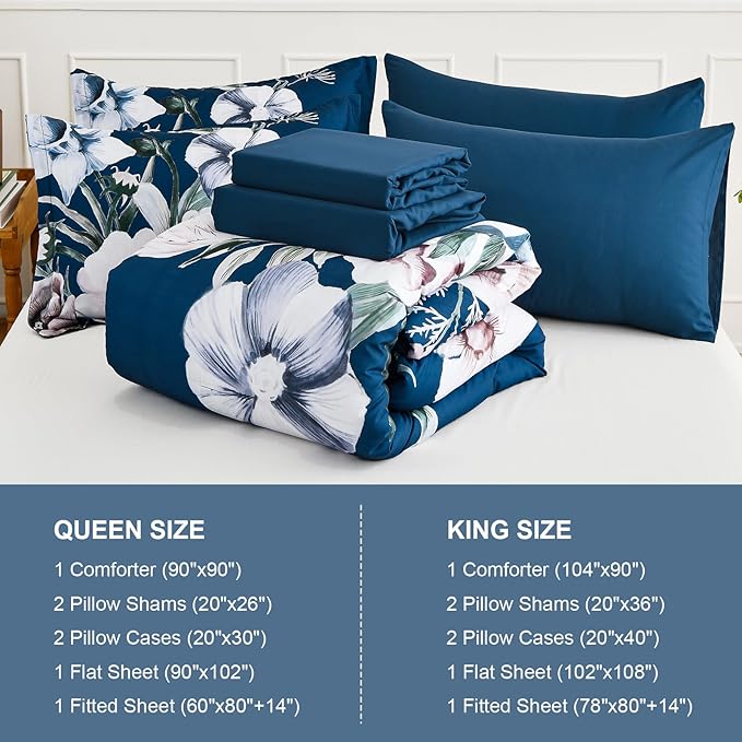 Luxudecor Floral Comforter Set King Size 7 Piece, Navy Flower Bed in a Bag, Elegant Comforter Bedding Set for All Season (Navy, 104"x90")