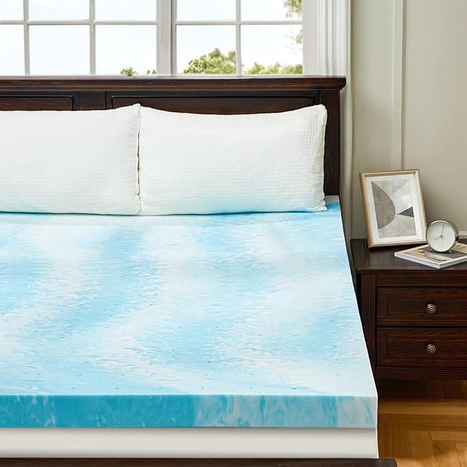 PERLECARE 4 Inch Twin Memory Foam Mattress Topper, Cooling Gel Infused Mattress Pad, Ventilated Bed Topper for Pressure Relief, CertiPUR-US Certified, Dorm Room Essentials, Blue