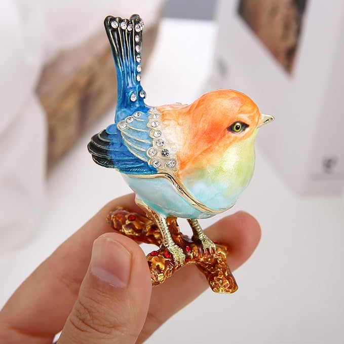 Hand Painted Enamel Robin Bird Trinket Box for Home Decor, Hinged Jewelry Organizer for Ring Earrings, Unique Figurine Keepsake Collectible Personalized Handmade Ornament Gifts (Multi-Sparrow) - Image 6