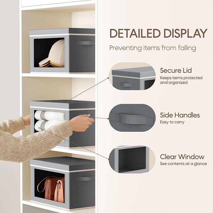 Homsorout Storage Bins with Lids - Small Fabric Organizers with Window, Collapsible Storage Bins for Clothes, Decorative Closet Organizers for Towels, Tshirt, 4 Pack, Grey - Image 6