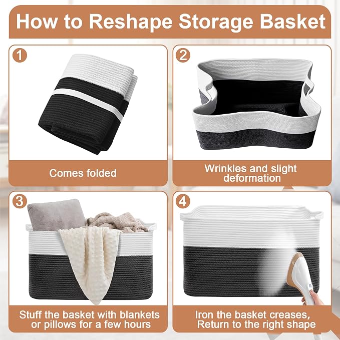 105L XXXL Large Blanket Basket, Rectangular Cotton Rope Basket, Laundry Hamper for Blankets, Pillows, Extra Large Toys Storage Bins for Kids, Dogs 25" x 16" x 16", White & Black - Image 7