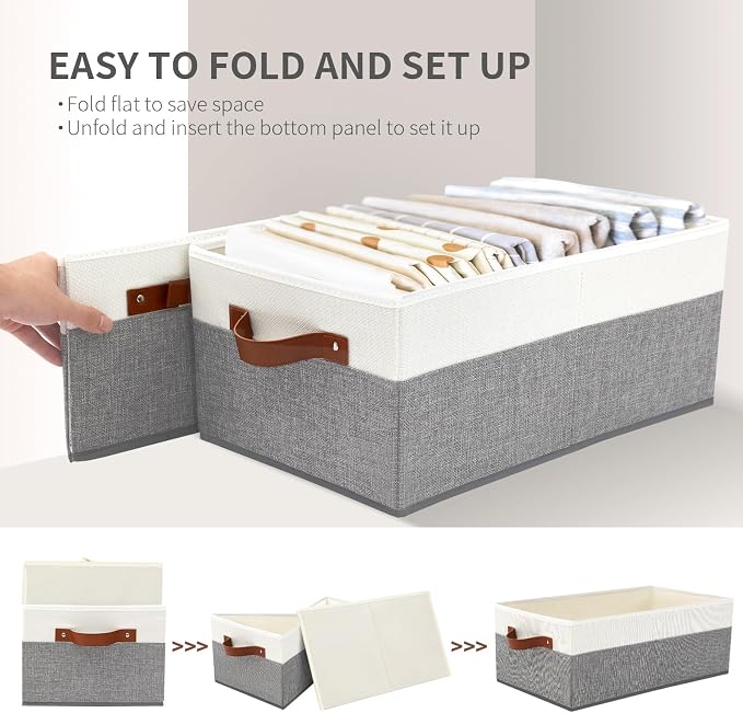 3 Pack Large Capacity Storage Bins Closet Organizer for Shelves, Fabric Closet Storage Baskets Boxes with Leather Handles for Organizing Clothes, Sheets, Jeans, Toys, Books (Grey) - Image 7
