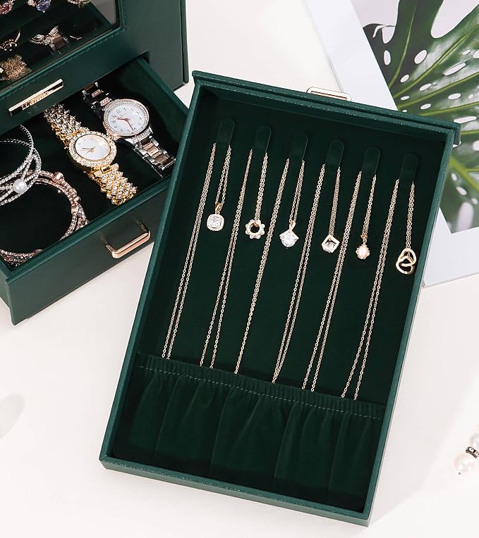 Homde Jewelry Organizer with Transparent Window Necklace Hooks Gift for Women Jewelry Box Display Case for Necklaces Rings Earrings Bracelets and Other Accessories (Forest Green) - Image 9