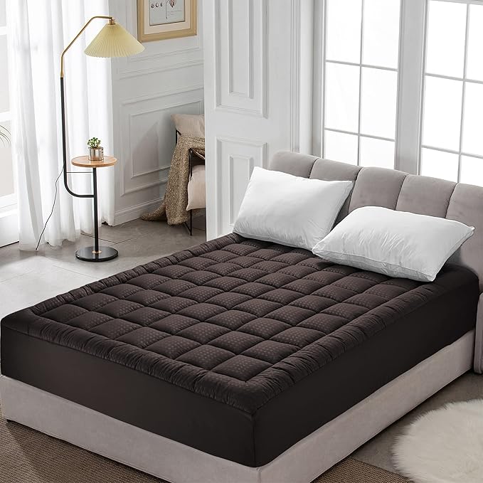 HYLEORY California King Mattress Pad Quilted Fitted Mattress Protector Cooling Pillow Top Mattress Cover Breathable Fluffy Soft Mattress Topper with 8-21" Deep Pocket, Brown