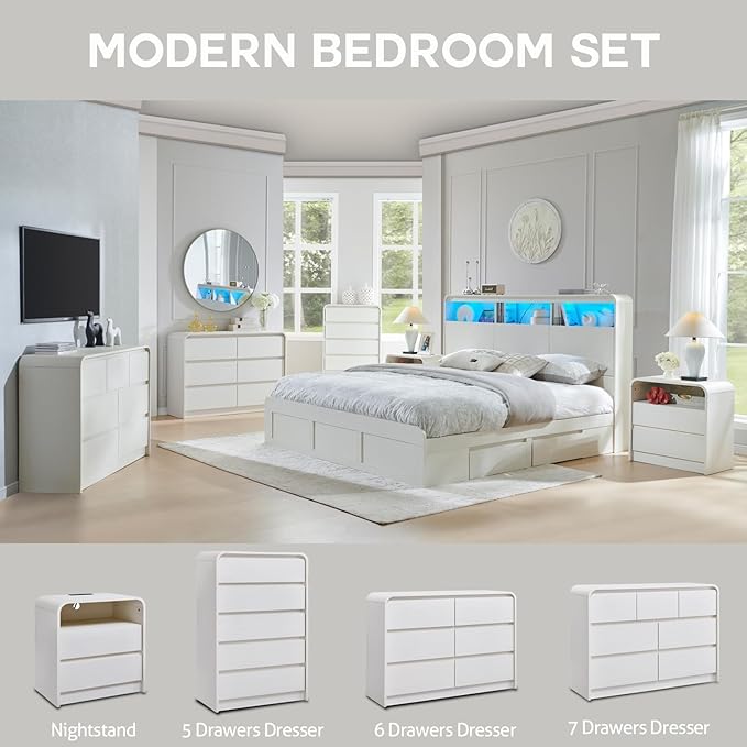 Aitjunz Modern 6 Drawers Dresser for Bedroom, 47" Wide Wood Dressers & Chests of Drawers with Curved Profile Design, Mid Century Modern Dresser for Closet for Bedroom, Living Room, Antique White