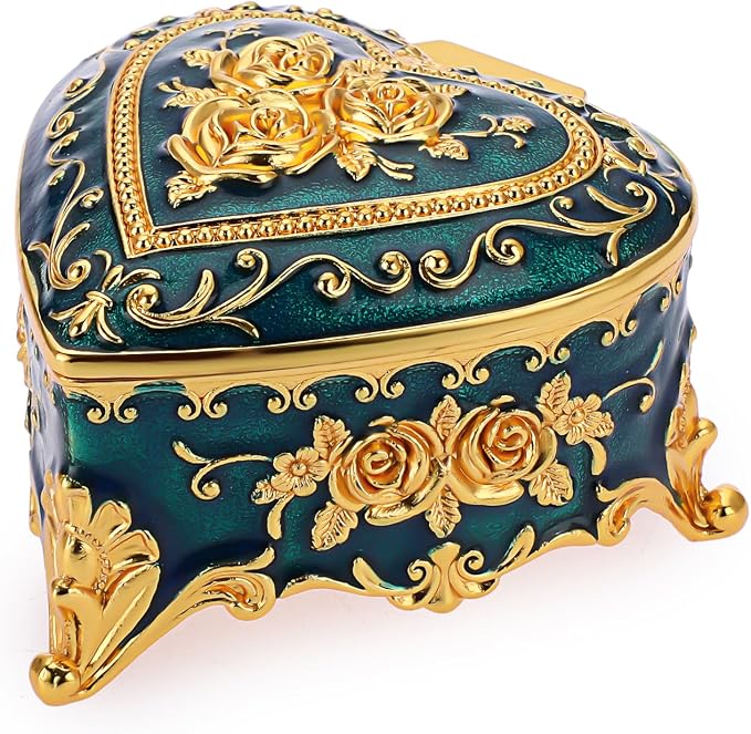 Hipiwe Vintage Metal Jewelry Box - Heart Shape Trinket Box Ring Case with Rose Pattern Jewelry Storage Box for Ring Earrings Necklace, Keepsake Box for Women, Blue - Image 9