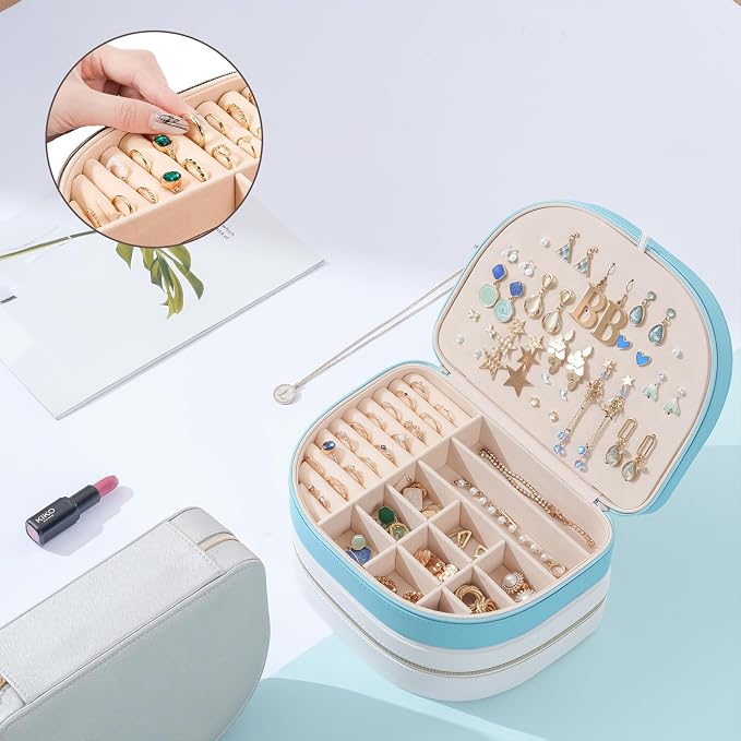 ProCase Travel Size Jewelry Box, Large Portable Seashell-Shaped Jewelry Case, 2 Layer Jewelry Organizer in PU Leather for Women -Blue - Image 7