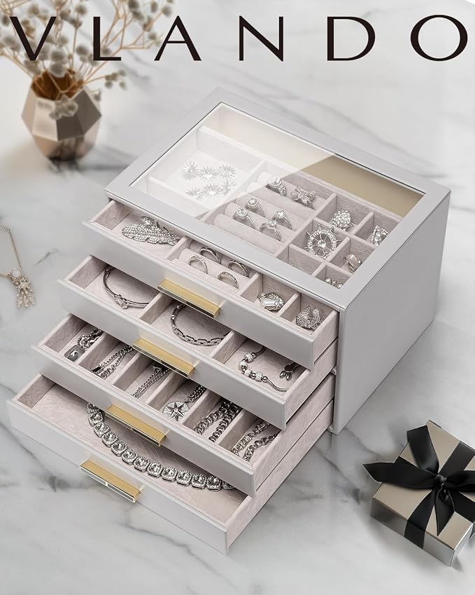 Vlando 4 Layer Jewelry Box for Women, Glass Lid Jewelry Organizer with 4 Drawers for Necklaces Rings Earrings Bracelets - Grey - Image 7