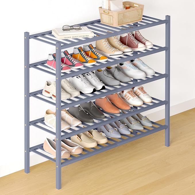 Smiry Bamboo Shoe Rack for Closet, 5 Tier Long Wooden Stackable Shoe Organizer, Free Standing Shoes Storage Shelf for Entryway, Front Door Entrance, Grey by Smiry