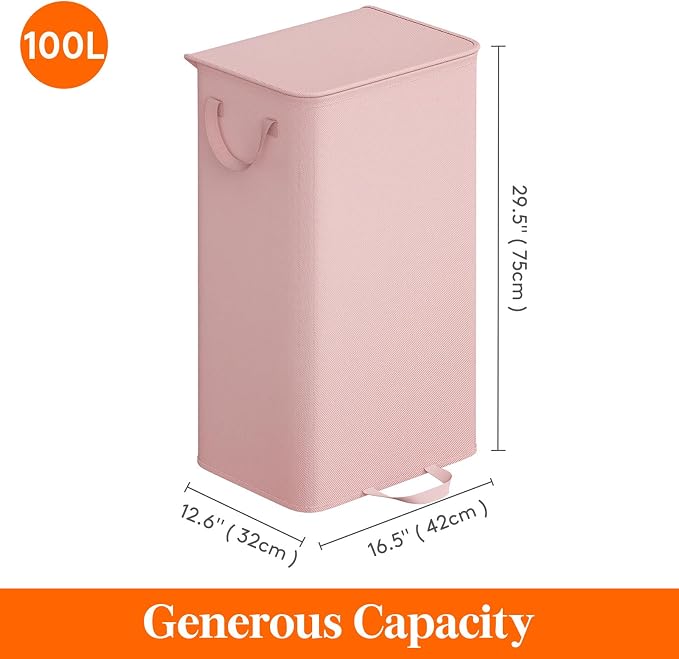 Lifewit Single Laundry Hamper with Lid and Removable Laundry Bags, Large Collapsible 1 Dividers Dirty Clothes Basket with Handles for Bedroom Laundry Room Closet Bathroom College, 100L Pink - Image 6