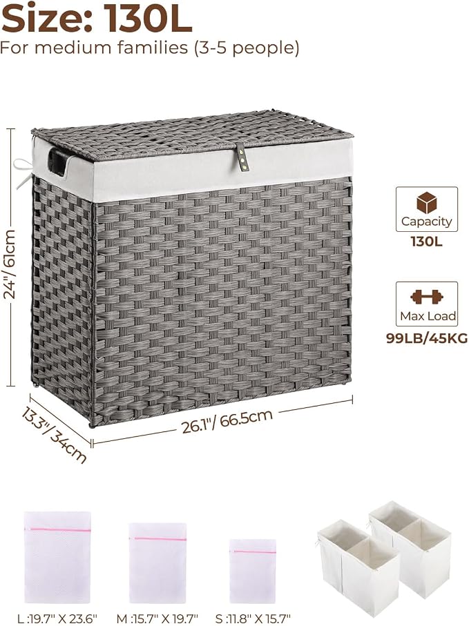 Greenstell Laundry Hamper with lid, No Install Needed, 130L Wicker Laundry Baskets Foldable 2 Removable Liner Bags, 2 Section Clothes Hamper Handwoven Rattan Laundry Basket with Handles, Gray - Image 6