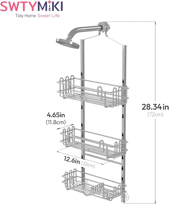 SWTYMIKI Shower Caddy Hanging Organizer - 3-Tier Rustproof Shower Organizer Over Showerhead with Adjustable Baskets, 24 Hooks, Soap & Razor Holder - No Drill Large Bathroom Storage Rack, Silver - Image 7