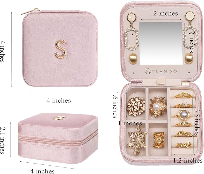 Vlando Small Travel Jewelry Box Organizer Display Case for Rings Earrings Necklaces Storage, Selected Soft Velvet, Letter M Engraved, Pink - Image 7