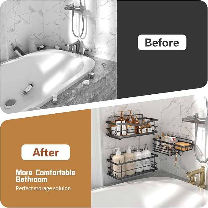 Youvip Shower Caddy, 3 Pack Large Capacity Bathroom Organizers and Storage, No Drilling Adhesive Rustproof Shelves with Soap Holder, Home Decor, Black - Image 8