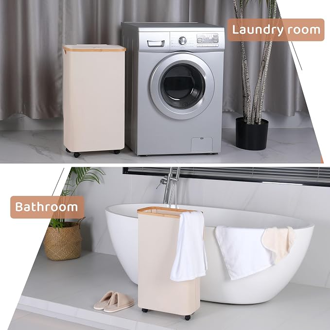 Slim Laundry Basket with Wheels,Narrow Hampers for Laundry,Freestanding Laundry Hamper with Lid&Bamboo Handles,Collapsible & Waterproof Tall Cloth Hamper for Dorm Family(60L Beige) - Image 7