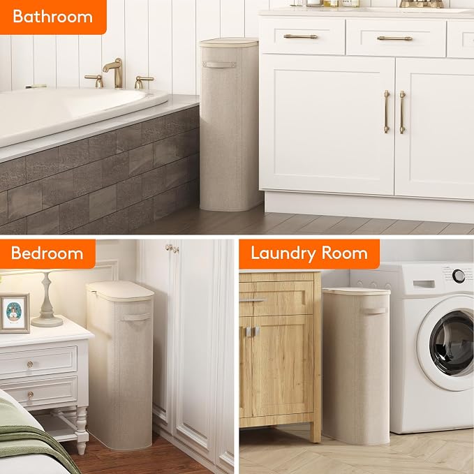 Lifewit Slim Laundry Basket with Lid, Narrow Large Laundry Hamper with Plastic Handles and Removable Bag, Tall Foldable Dirty Clothes Hampers for Laundry Room, Bedroom, Bathroom, Dorm, 75L Beige - Image 9