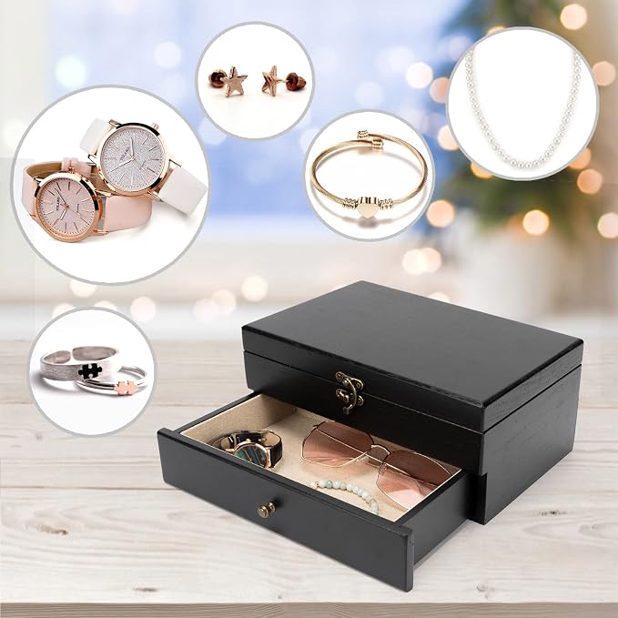 Pinzoveco Jewelry Box for Women, Rustic Wooden Jewelry Organizer Box for Storage Earrings Rings Necklace Bracelet, Farmhouse Style Wood Jewelry Boxes & Organizers (Black) - Image 7