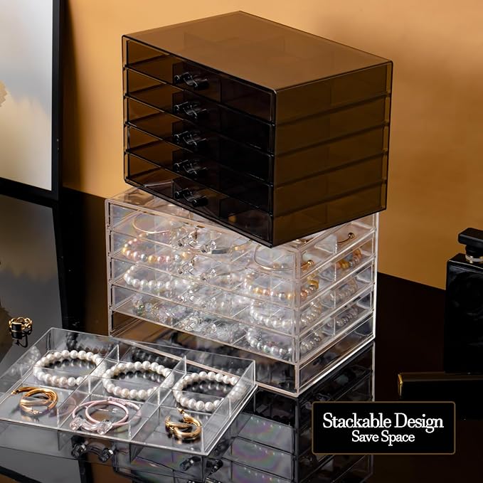 SPAKOWN Earring Organizer, Acrylic Earring Box Large 30 Compartments Jewelry Holder Organizer with 5 Drawers Stackable Earring Bracelet Storage Case Jewelry Boxes for Women (Clear) - Image 6