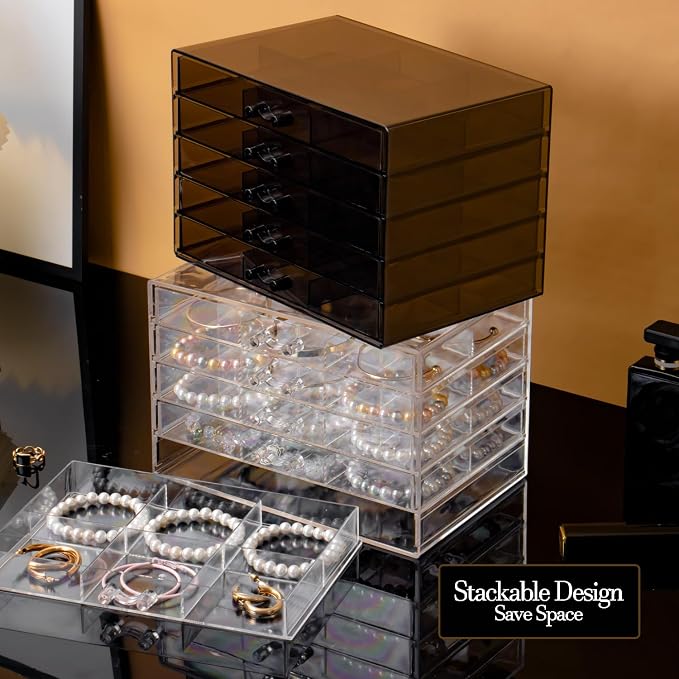 SPAKOWN Earring Organizer, Acrylic Earring Box Large 30 Compartments Jewelry Holder Organizer with 5 Drawers Stackable Earring Bracelet Storage Case Jewelry Boxes for Women (Black) - Image 7