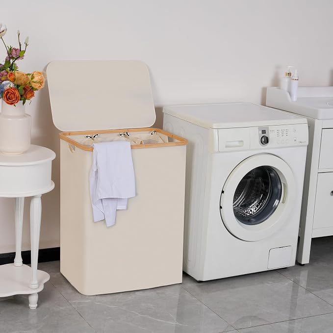 efluky Laundry Hamper with Lid, Trio Laundry Hamper with 3 Removable Bags, 3 Section Laundry Basket with Bamboo Handles for Bathroom, Bedroom & Laundry Room, 160L Beige - Image 6