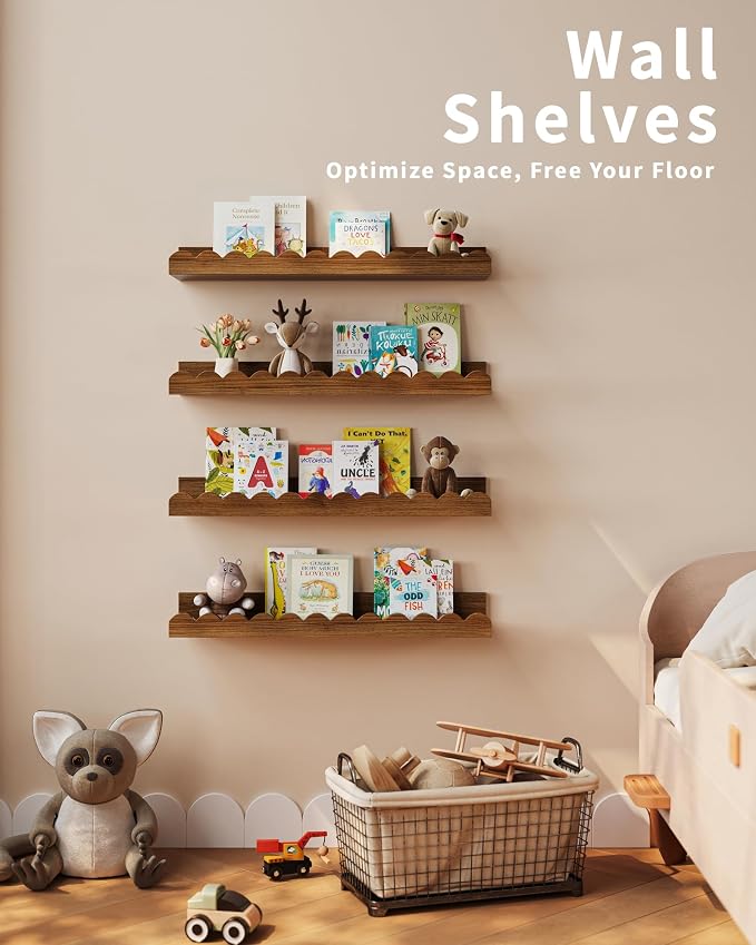 Shario Nursery Book Shelves, 4-Pack Walnut Brown,Floating Shelves for Wall Kids, Scalloped Shelves, Wall Book Shelves for Bedroom Kids, Toddler Room, Baby Room, Nursery Decor - Image 6